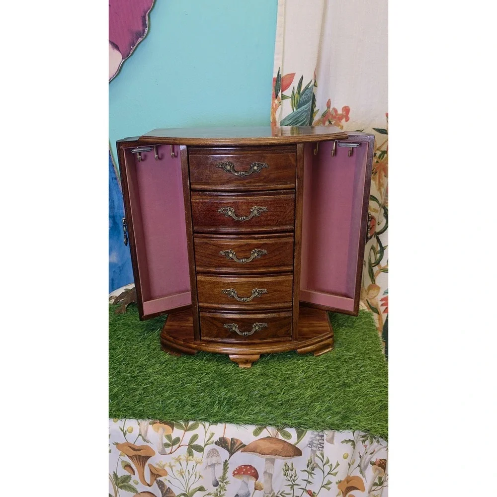 Vintage Mele Oak Wood Jewelry Box Drawers, Doors, And Lift Top 13.75